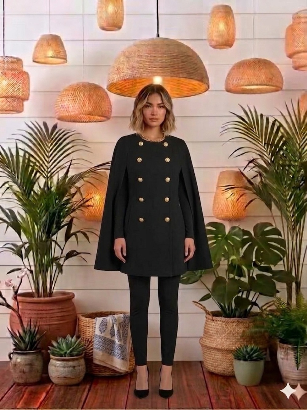 Black Cape W/Slits On Sides & Gold Buttons